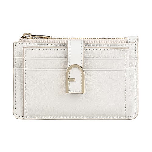 【FURLA】FLOW立體LOGO小牛皮5卡按釦式拉鍊卡夾零錢包(棉花糖白)