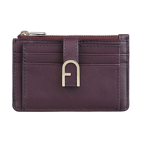 【FURLA】FLOW立體LOGO小牛皮5卡按釦式拉鍊卡夾零錢包(葡萄酒紅)