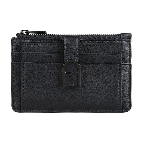 【FURLA】FLOW立體LOGO小牛皮5卡按釦式拉鍊卡夾零錢包(黑)