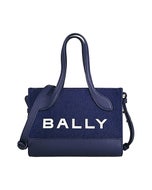 【BALLY】BAR大寫字母LOGO丹寧帆布拼小牛皮飾邊磁吸式斜背托特包(迷你/海洋藍)