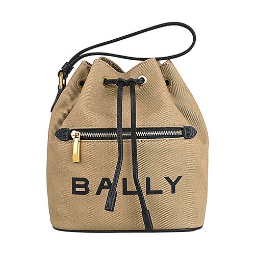【BALLY】BAR熱壓LOGO棉織布搭小牛皮滾邊束口手提水桶包(沙漠棕)