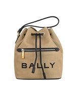 【BALLY】BAR熱壓LOGO棉織布搭小牛皮滾邊束口手提水桶包(沙漠棕)