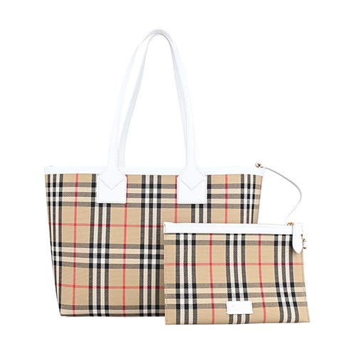 【BURBERRY】內底部燙金LOGO格紋緹花布搭牛皮背帶肩背子母托特包(典藏米x白)