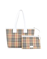 【BURBERRY】內底部燙金LOGO格紋緹花布搭牛皮背帶肩背子母托特包(典藏米x白)