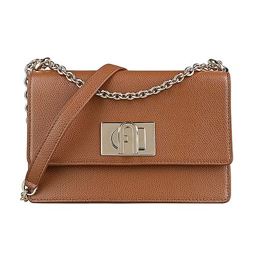 【FURLA】1927拱門LOGO皮革旋釦式鏈帶斜背方包(迷你/白蘭地褐)