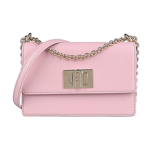 【FURLA】1927拱門LOGO皮革旋釦式鏈帶斜背方包(迷你/粉紅)