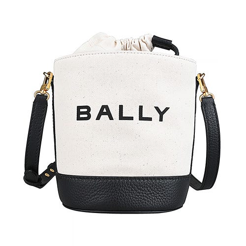 【BALLY】Bar壓印黑字LOGO設計帆布拼牛皮束口斜背水桶包(迷你/白x黑)