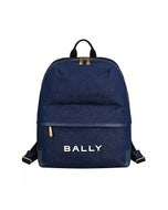 【BALLY】Bar燙印白字LOGO牛仔帆布拼接牛皮拉鍊後背包(深藍)