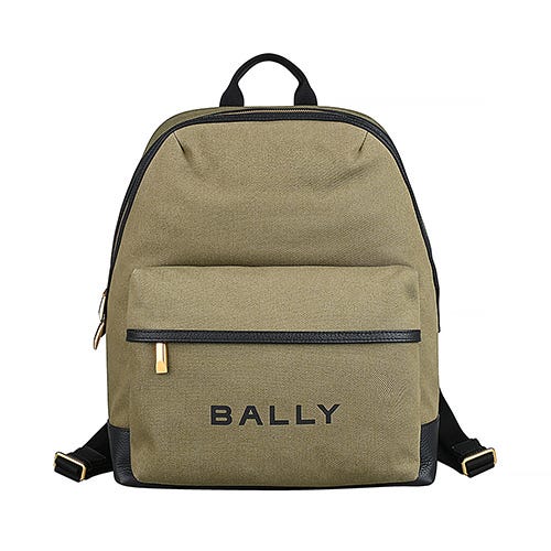 【BALLY】Bar燙印黑字LOGO帆布拼接牛皮拉鍊後背包(卡其綠)