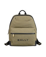 【BALLY】Bar燙印黑字LOGO帆布拼接牛皮拉鍊後背包(卡其綠)