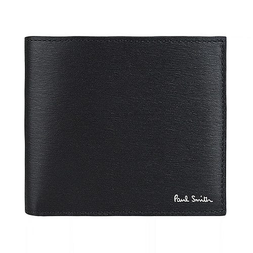 【PAUL SMITH】燙印草寫LOGO素面水波紋設計 8卡牛皮雙色對折短夾(黑)