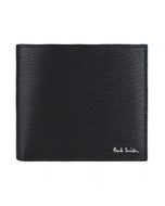 【PAUL SMITH】燙印草寫LOGO素面水波紋設計 8卡牛皮雙色對折短夾(黑)