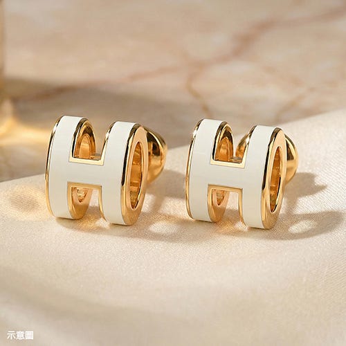 【HERMES 愛馬仕】POPH立體字母LOGO橢圓簍空設計穿式耳環(迷你/白x金)
