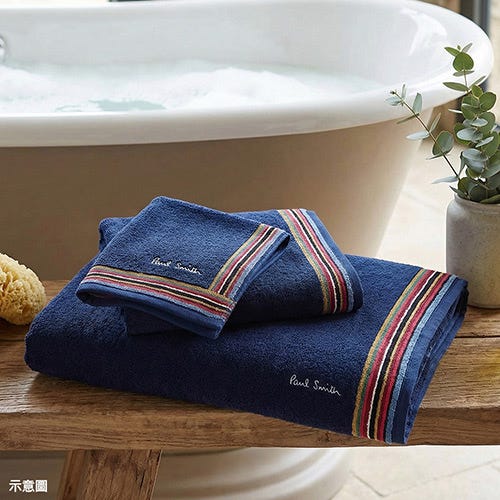 【PAUL SMITH】刺繡白字LOGO側面彩色直條紋設計純棉毛巾三件組(海軍藍x彩)
