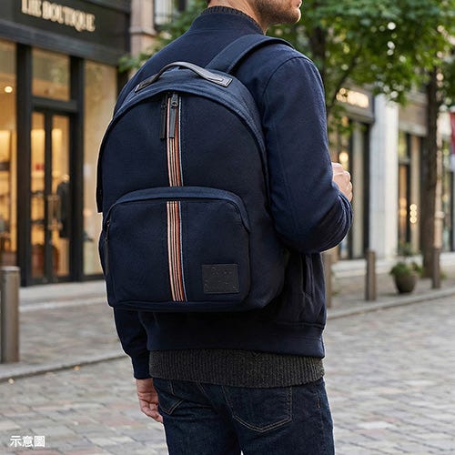 【PAUL SMITH】皮標草寫LOGO彩色線條聚醯胺紋理網布牛皮邊飾拉鍊後背包(深藍)