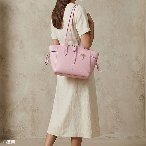 【FURLA】NET燙字LOGO設計小牛皮搭絨布內襯拉鍊肩背托特包(粉紅)