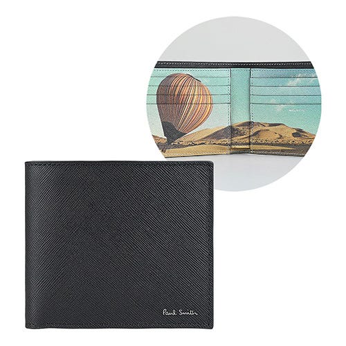 【PAUL SMITH】燙銀LOGO牛皮內搭沙漠熱氣球印花8卡折疊短夾(黑x沙漠條紋氣球)