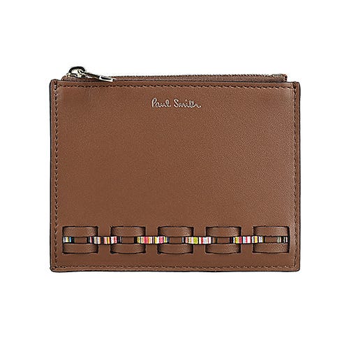 【PAUL SMITH】金漆LOGO小牛皮彩色編織交錯3卡拉鍊零錢卡夾包(棕)