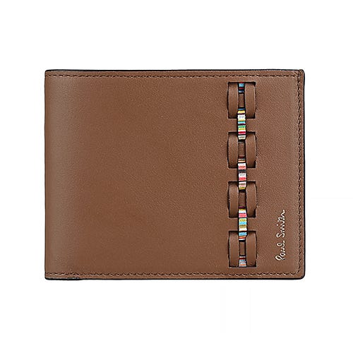 【PAUL SMITH】金箔LOGO小牛皮多彩編織6卡折疊短夾(棕)