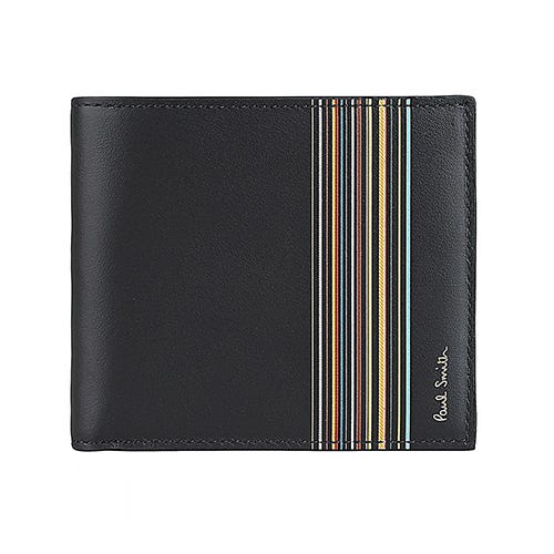 【PAUL SMITH】金漆LOGO小牛皮彩色直條紋8卡摺疊短夾(黑)