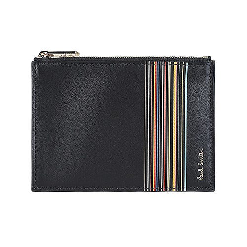 【PAUL SMITH】金字LOGO小牛皮炫彩直條紋2卡拉鍊零錢卡夾包(黑)