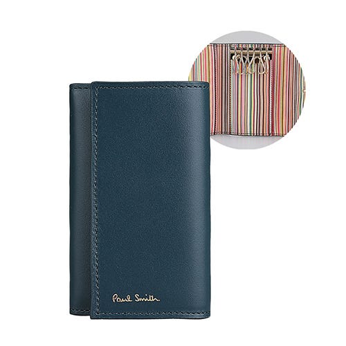 【PAUL SMITH】燙金字LOGO內裡條紋設計牛皮6鉤釦式鑰匙包(深藍x內彩色條紋)
