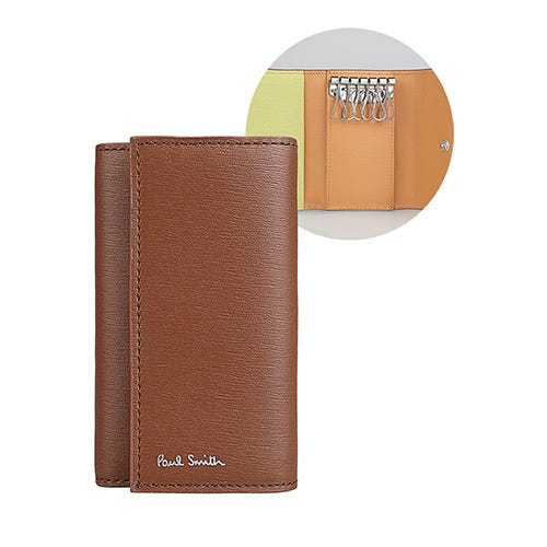 【PAUL SMITH】銀色簽字LOGO牛皮撞色6鉤釦鑰匙包(棕褐x明黃x淺橘)