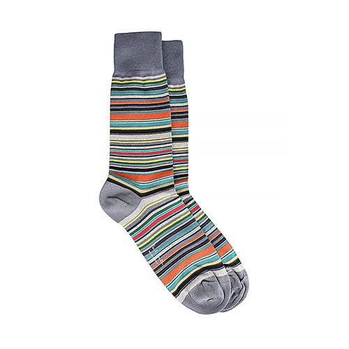 【PAUL SMITH】底部白字LOGO棉質混紡繽紛直條長筒襪(灰)