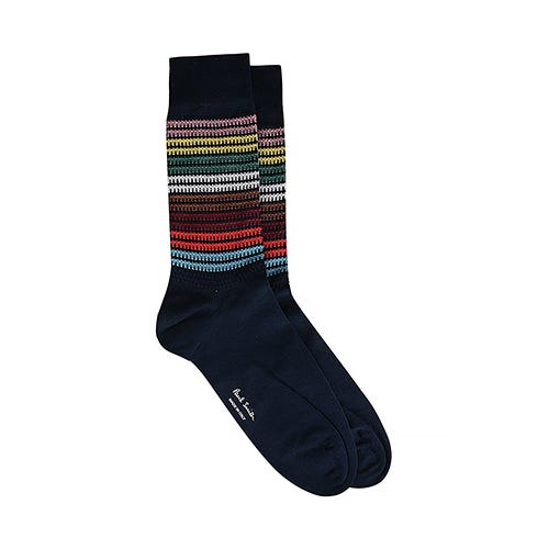 【PAUL SMITH】白字簽名LOGO棉質混紡多彩針織長筒襪(深藍)