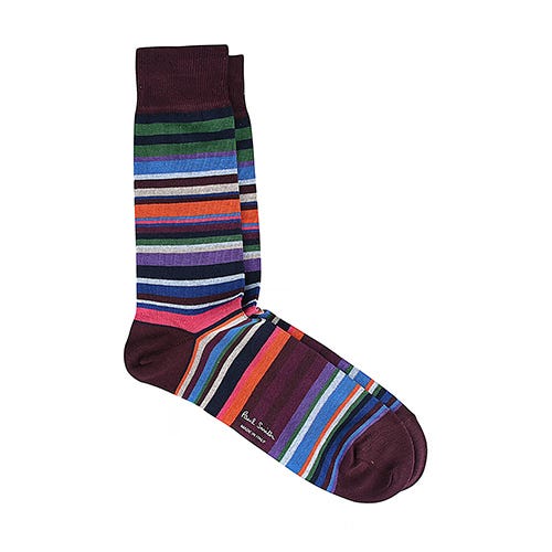 【PAUL SMITH】簽白字LOGO棉質混紡跳色橫條紋長筒襪(深紫紅)