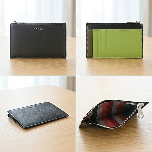 【PAUL SMITH】拼色牛皮4卡拉鍊零錢包(黑x軍綠x淺綠)