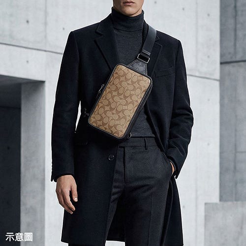 【COACH】印花拼牛皮Sullivan系列拉鍊胸掛包(卡其x炭灰)