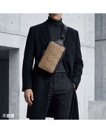 【COACH】印花拼牛皮Sullivan系列拉鍊胸掛包(卡其x炭灰)