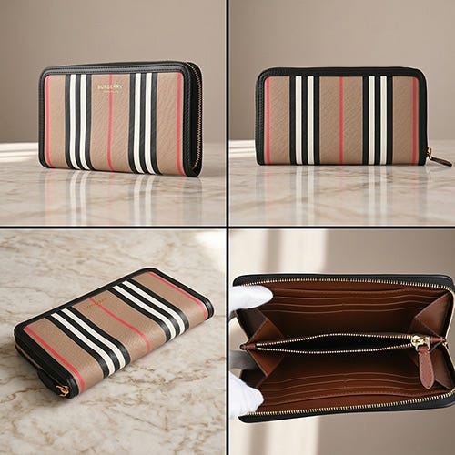 【BURBERRY】環保帆布內搭牛皮12卡全開式拉鍊長夾(典藏米x棕)