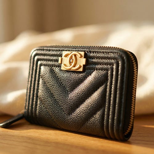 【CHANEL】BOY 絎縫魚子醬牛皮拉鍊零錢包(黑)