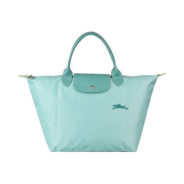 【LONGCHAMP】 LE PLIAGE GREEN刺繡LOGO再生尼龍摺疊款短把拉鍊手提包(中/潟湖藍x藍)#新春精品