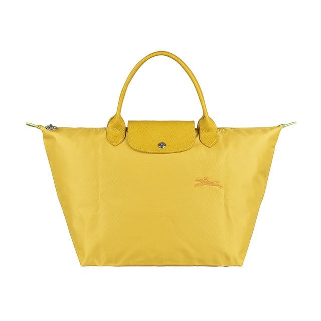 【LONGCHAMP】 LE PLIAGE GREEN刺繡LOGO再生尼龍摺疊款短把拉鍊手提包(中/粉黃)#新春精品