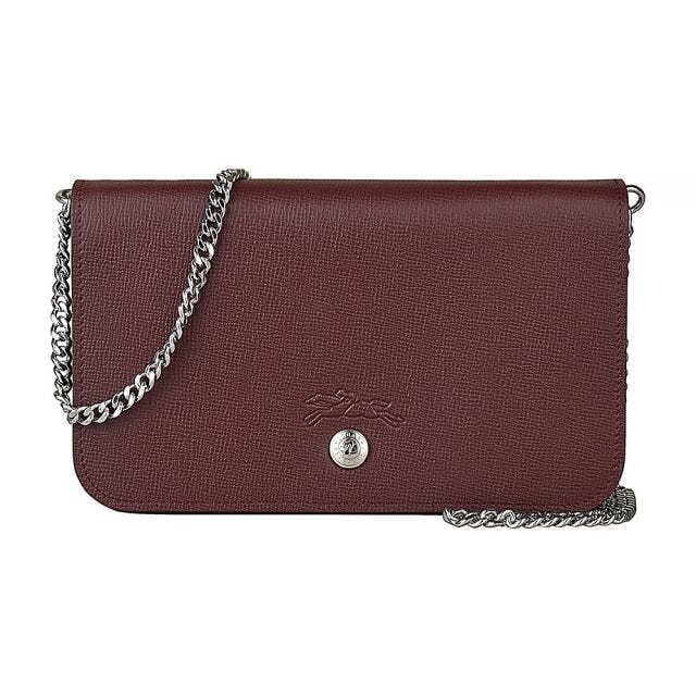 【LONGCHAMP】 LE PLIAGE NEO戰馬LOGO牛皮6卡扣式鍊帶斜背錢包(暗紅)#新春精品