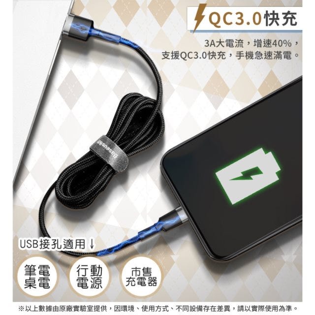 【BASEUS】倍思 凱夫拉系列-1M 撞色快充 USB to Type-C 充電傳輸線(USB A to USB C快充線)