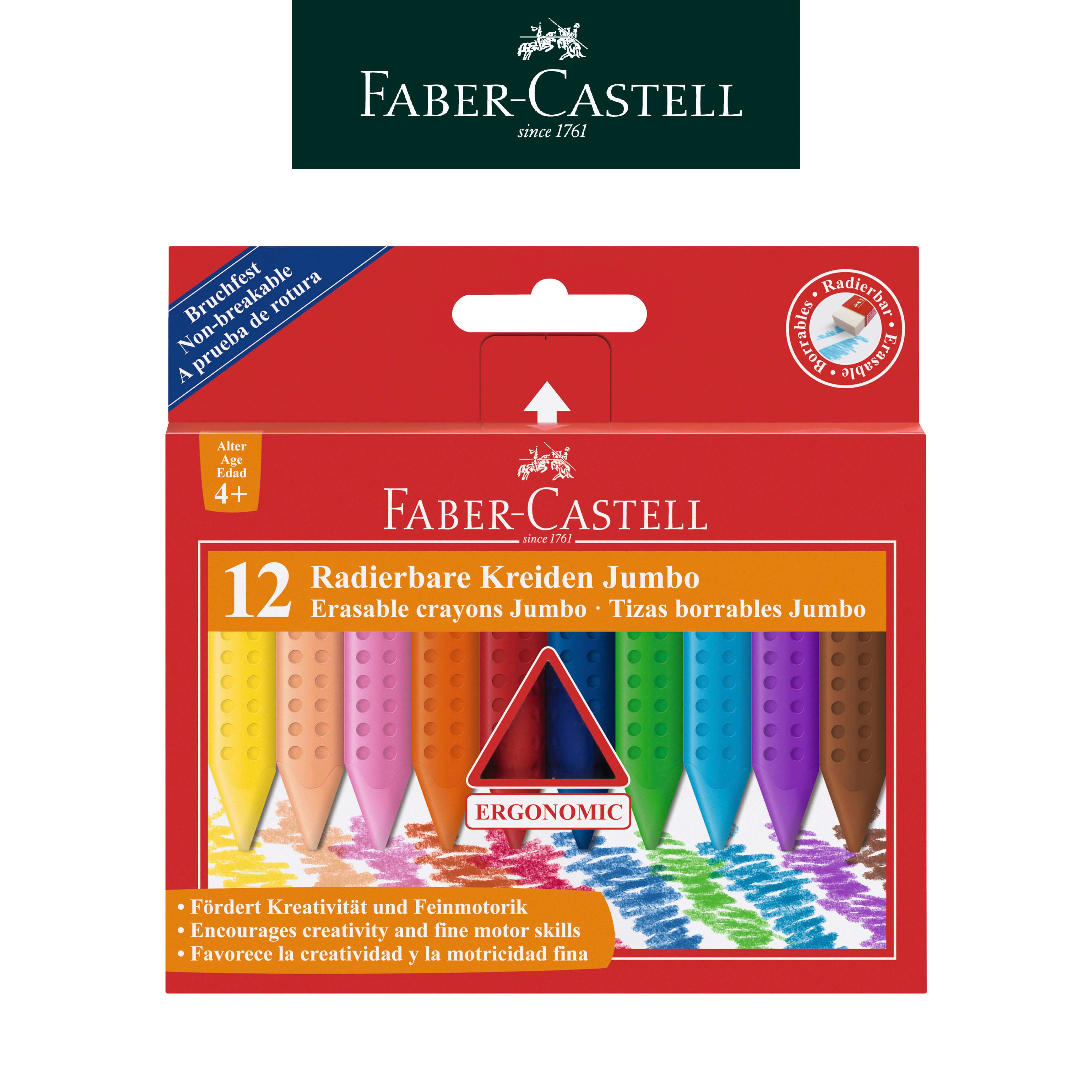  【Faber-Castell】輝柏 握得住可擦拭三角粗芯蠟筆12色