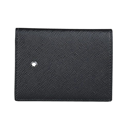 【MONTBLANC 萬寶龍】內壓印LOGO防刮牛皮內搭尼龍4卡釦式短夾(黑)